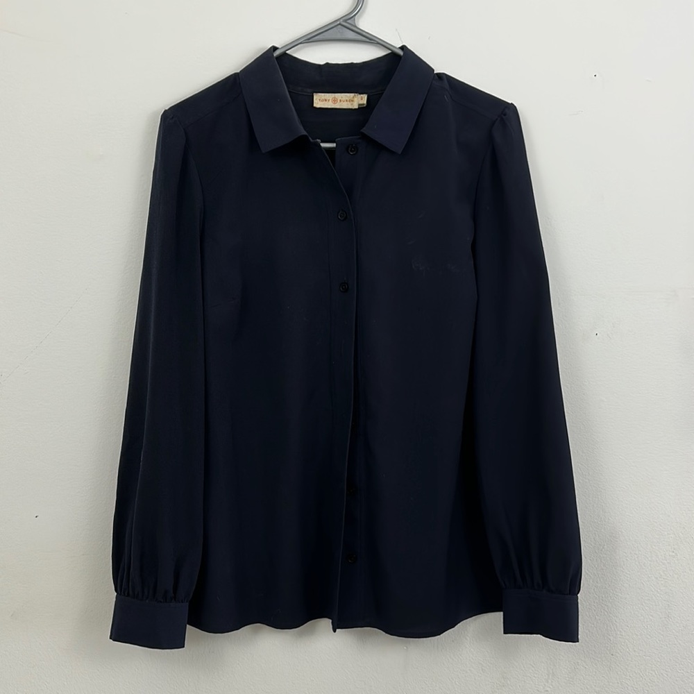 Tory Burch Size 10 Long Sleeve 100% Polyester Button Down Shirt Dark Navy